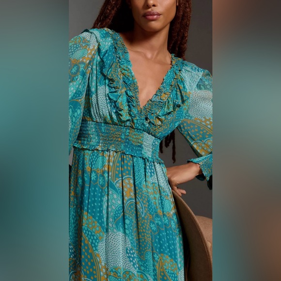 NEW Anthropologie The Odetta Ruffled V-Neck‎ Maxi LS flowy Dress Teal Size  M - Picture 6 of 17
